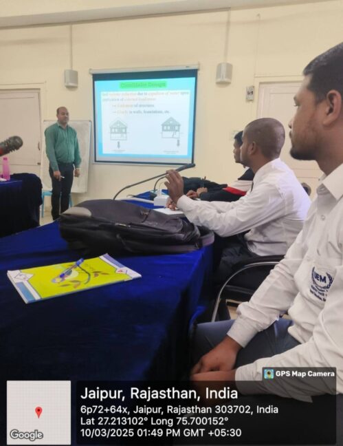 The Department of Civil Engineering, University of Engineering and Management (UEM), Jaipur has successfully organized a 3-Days Pre-Industrial Training & Workshop Phase-I on “Practical Problems & their Solutions in RC, Hydraulic and Foundation Structures” for final year students from Civil Engineering department.