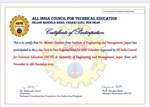 UEM, Jaipur is delighted to share that Dr. Mukesh Yadav, Prof. Dipta Mukerjee, Dr. Snehlata Dhaka, and Dr. Shivam Chauhan have received Certificates of Participation from AICTE for attending the 3-Day Face-to-Face North Western Regional Meet of UHV Volunteers