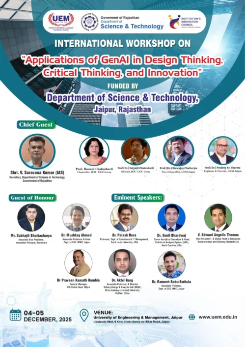 University of Engineering & Management (UEM), Jaipur is pleased to announce the organization of an International Workshop on “Applications of GenAI in Design Thinking, Critical Thinking, and Innovation”, funded by the Department of Science & Technology (DST), Rajasthan under the aegis of the Institution Innovation Council (IIC).