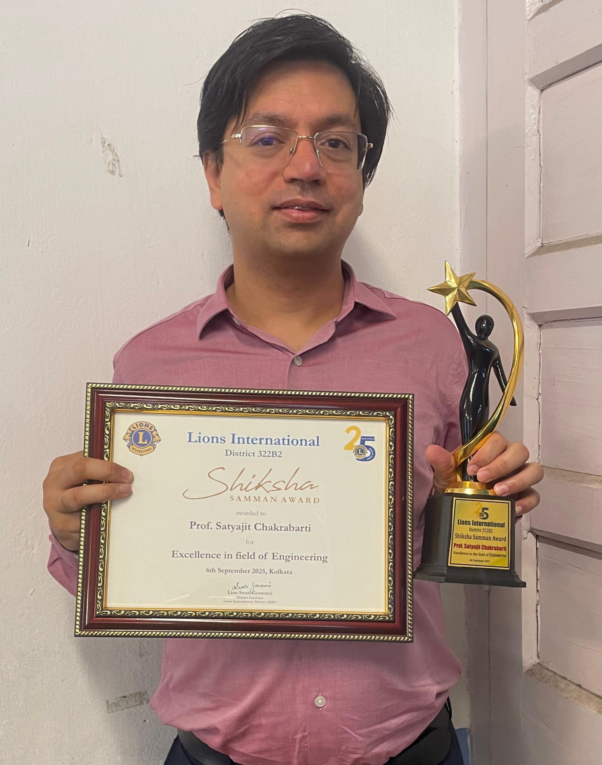Lions International Shiksha Samman Award 2025 in the category of Excellence in field of Engineering